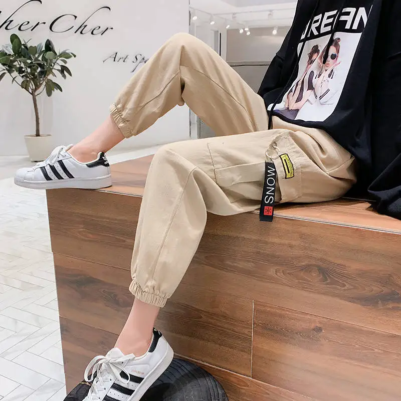 

Casual Khaki Cargo Pants Women Hip Hop Streetwear Track Pants Capris Elastic High Waist Trousers Female Black Sweatpants Girls
