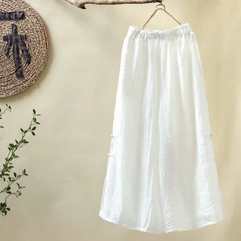 

Original Ethnic Style Women Clothing Han Hemp Wide Leg Pants Plate Button Cotton Solid Color Zen Tea Pants