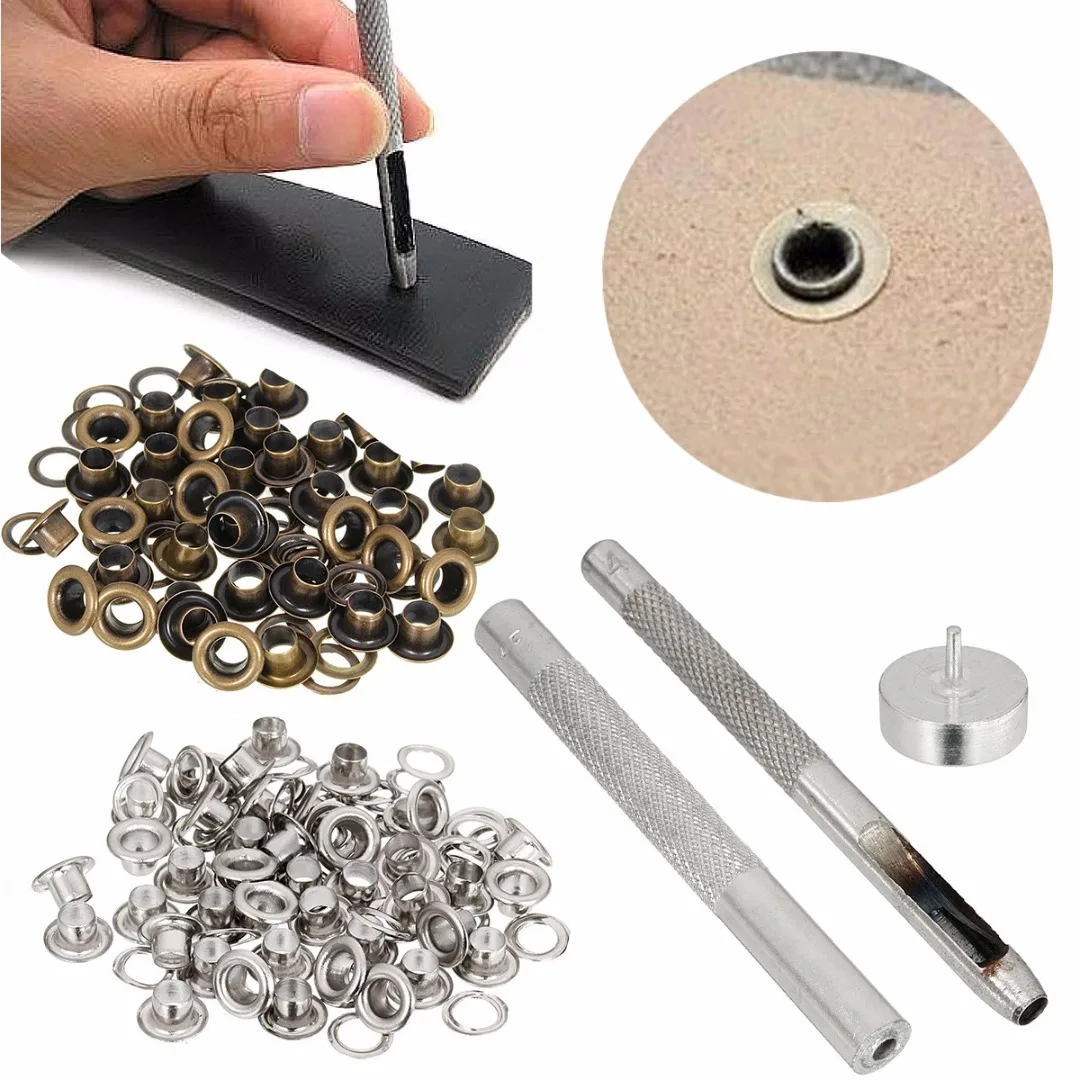 4MM Grommet Installation Setting Tool Kit Set + Leather Hole Punch + 80 Eyelets Handmade Metal Eyelets Grommet