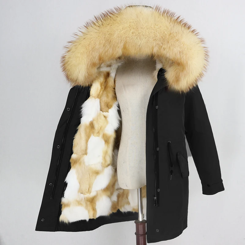 Женское пальто со съемным мехом OFTBUY, бежевая непромокаемая длинная парка с натуральным лисьим мехом, верхняя одежда, зима - Цвет: black gold