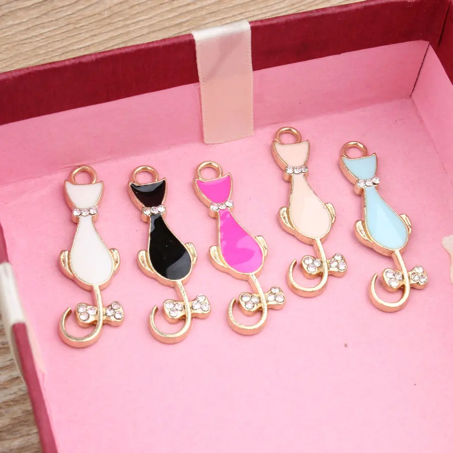 

Rhinestone Paved Alloy Charms Gold Tone Animal Cat Enamel DIy Jewelry Findings Oil Drop Floating Pendant Charms