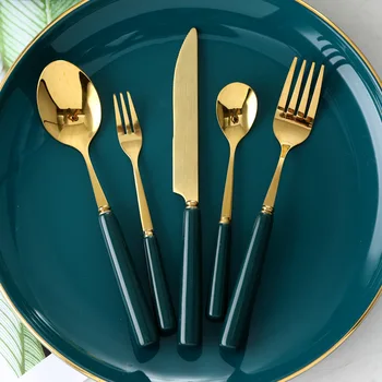 

5PCS/SET Deep Green Knives and Forks Stainless Steel Metal Coffee Spoon Dessert Fork Nordic Style Ceramic Noble Dinnerware