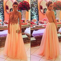 Sexy Backless Vestidos De Fiesta Scoop Neck Key Hole Front A Line Peach Chiffon Floor Length Prom Dresses 2014 Vestido Gala