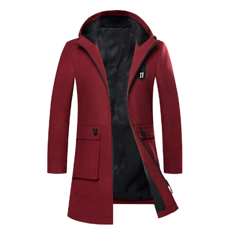 Wool Hooded Trench Coat Men Trench Slim Fit Overcoat High Quality Men