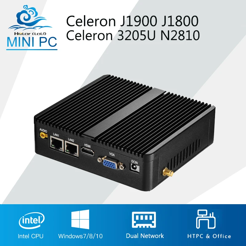 Fanless Mini PC Celeron J1900 J1800 Windows 10 Linux Dual LAN 2 COM Celeron N2810 HDMI WIFI usb 2*RJ45 computer pc