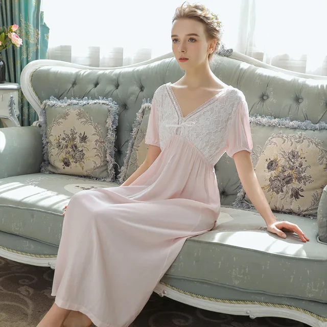 Women White Night Dress Sleepwear V Neck Long Nightgown Lace Bow Tie