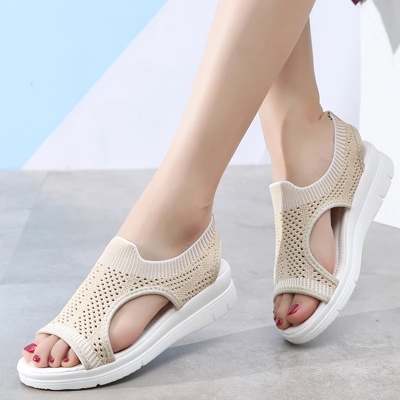 

2019 Summer Breathable Mesh Women's Sandals Low Wedge Ladies Slip On Platform Sandals Pink Green Blue Korean Style Female Shoes