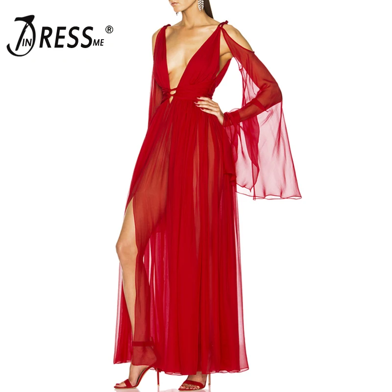 

INDRESSME 2019 New Women Fashion Sexy Plunge Neckline Cutout Mesh Relaxed Bodice Maxi Dress Red Party Slit Gown Vestidos