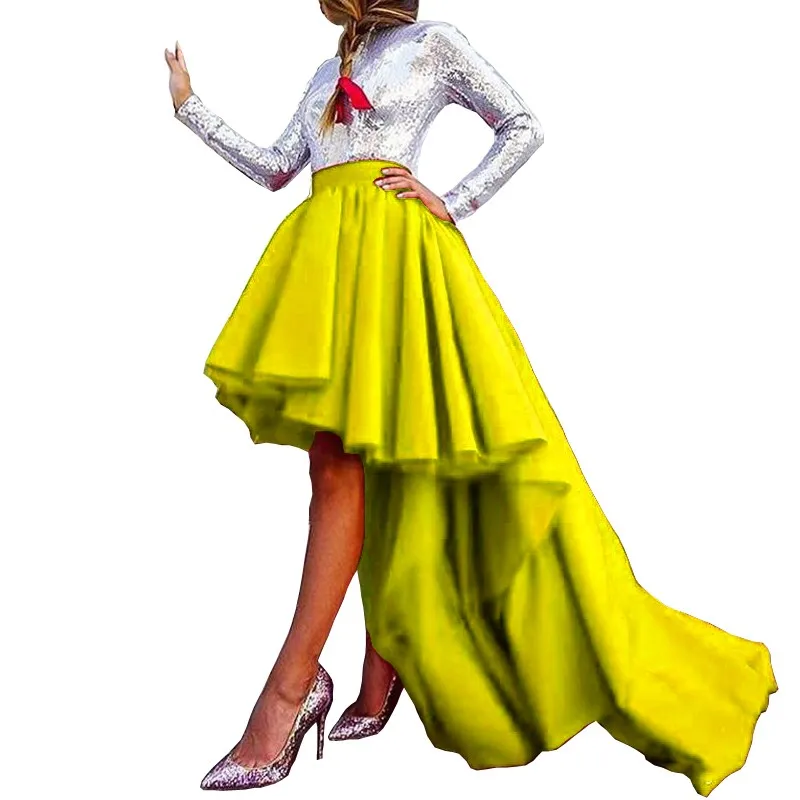 Высокая Низкая линия Воме Юбки для женщин Многоуровневое рюшами модные красивые индивидуальный заказ официальная Вечеринка юбка для выпускного стиль - Цвет: yellow