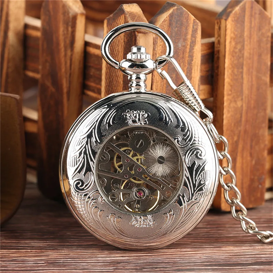 Silver Hollow Gear Roman Mechanical Pocket Watch Chain Classic Hand Winding Clock Roman Number Men Women Children Clock  (1)