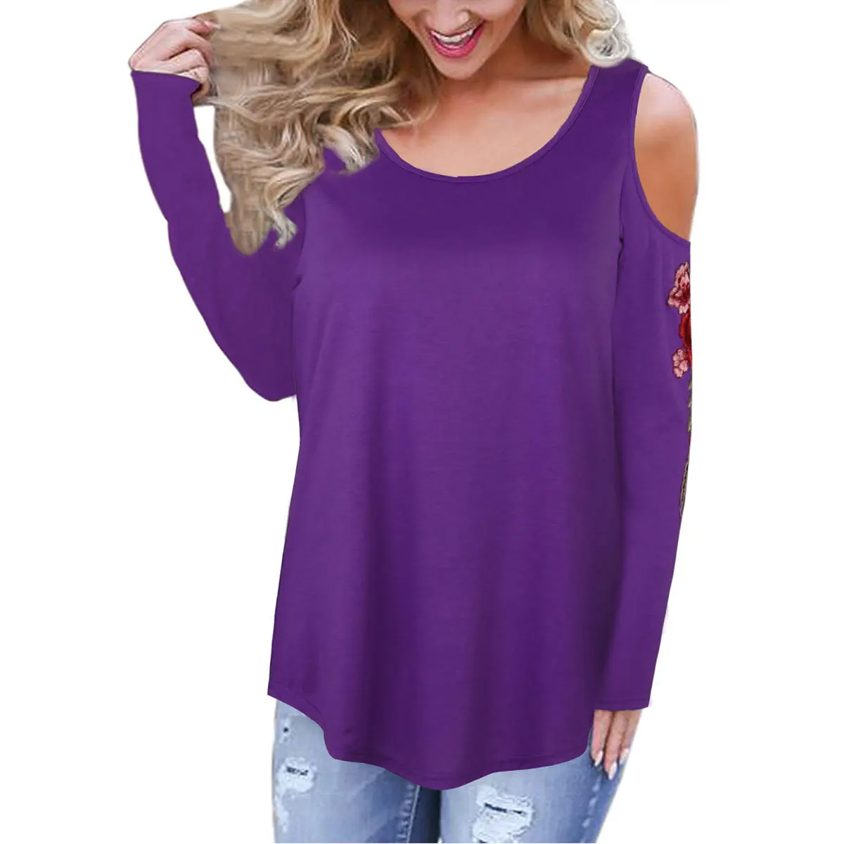 

Casual Fashion Long Sleeve O-Neck Sexy T-shirt Floral Embroidery Europe and American Style2