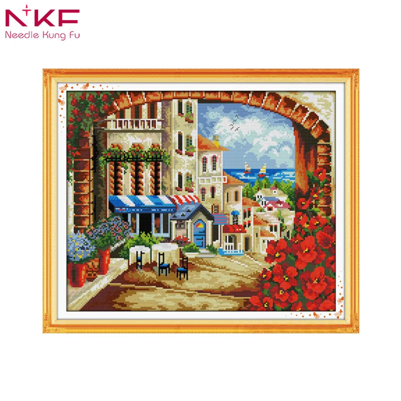 

Mediterranean path home decor chinese printed pattern Cross Stitch Kit needlework DIY handmade cotton thread embroidery DMC 14CT