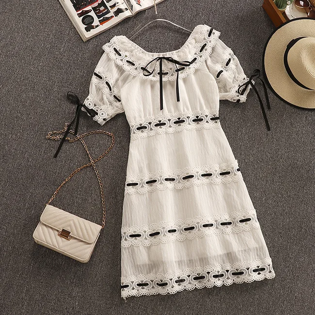 

2019 Summer New Arrival Women Dress Slash Neck A-line Vintage Fairy Style Cotton Slim Lace Free Shipping