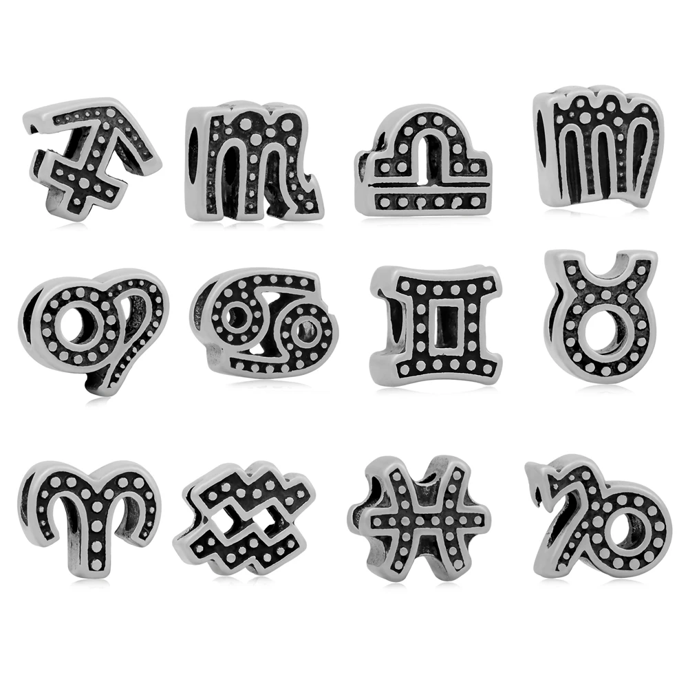 316l Stainless Steel Vintage The Zodiac Big Hole European Beads Charms