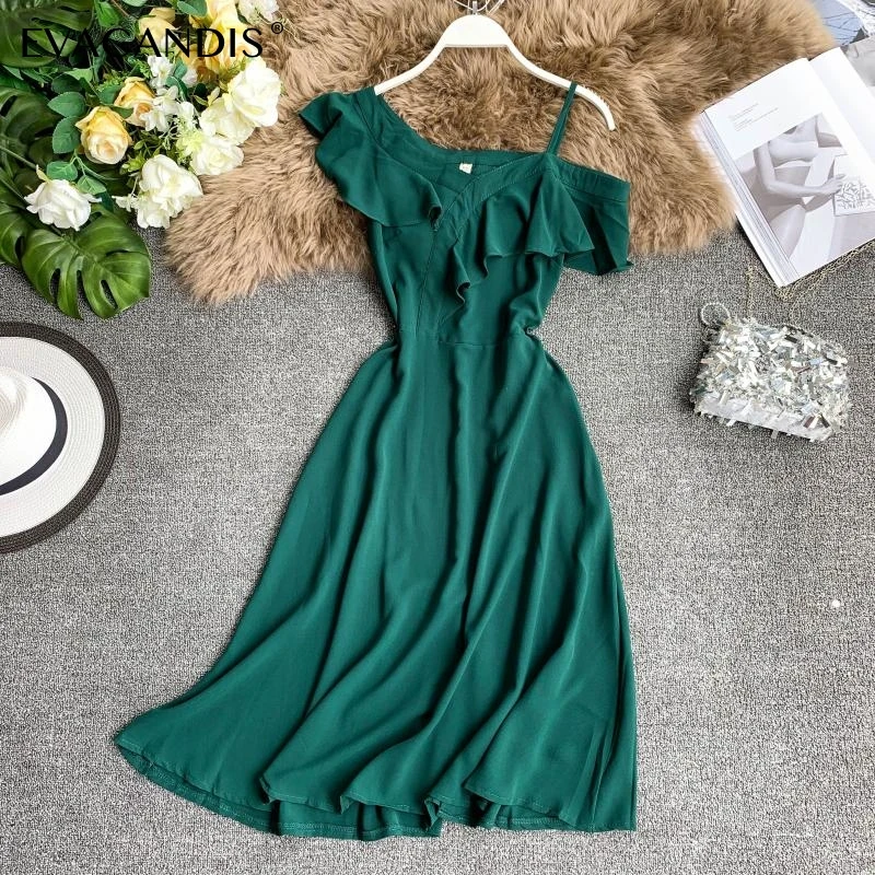

Off Shoulder Ruffle Summer Dress Korean Elegant Vintage Sexy Spaghetti Strap Chiffon Red Black Midi Beach Boho Women Vestidos