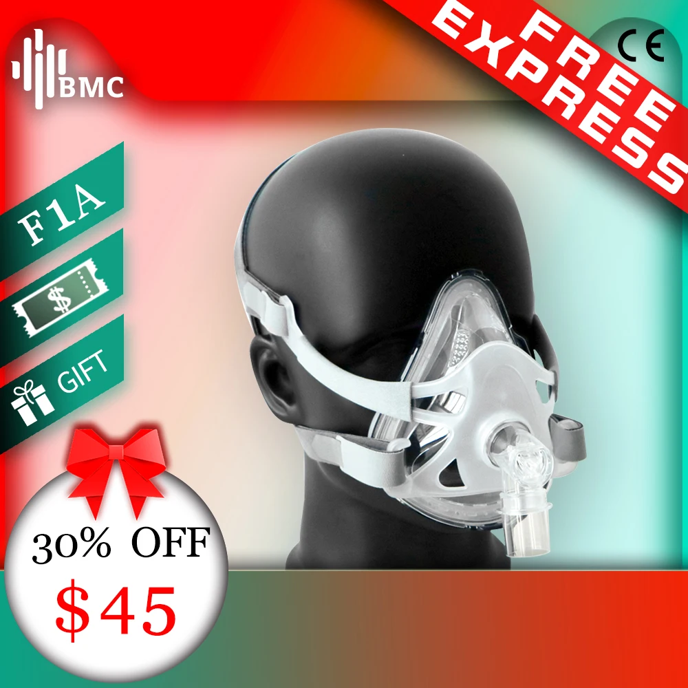 BMC F1A Full Face Mask Рото-носовая маска подходит CPAP аппарату для терапии ХОБЛ храпа с размер SML подключается к лице трубкеи держатели - изображение