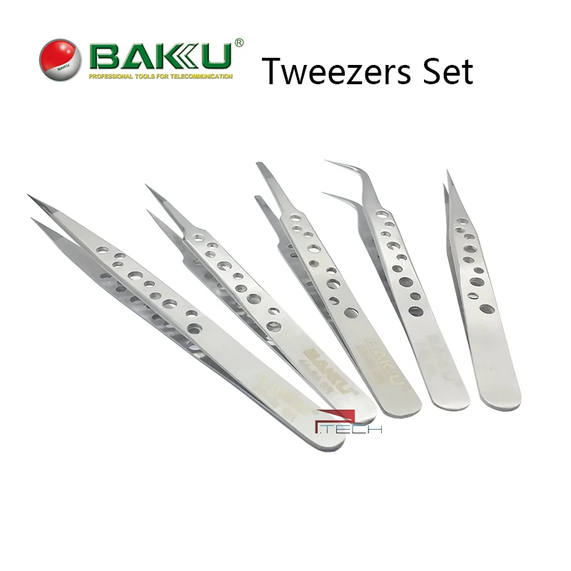 

5pcs Tweezers of BAKU Hollow-Out Design, Ultra Rigidity Fine Point Anti-Static Stainless Steel Tweezers Set for iPhone Repair