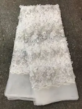 

2017 Wholesale High Quality Nigerian French Cord Lace Fabric 3D Flowers African Embroidered Wedding Lace Fabric With Bead Fabric