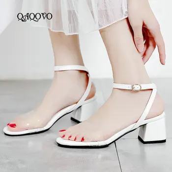 

Women Clear Summer Gladiator Sandals Low Thick Heels Open Toe Adjustable Buckle Strap Party Ladies Shoes White Black Wine Red