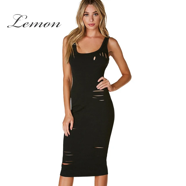 Lemon 2018 Summer Sexy Holes Sheer Bodycon Dress Women Clothing