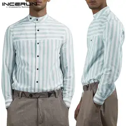 INCERUN Мужская рубашка в полоску с пуговицами и стоячим воротником, Повседневная рубашка в деловом стиле, свободная, осенняя, дышащая
