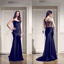 Sexy Dark Blue Mermaid Abendkleider Spaghetti-trägern Spitze Applique Illusion Zurück Brautkleider Sweep Zug Nach Maß