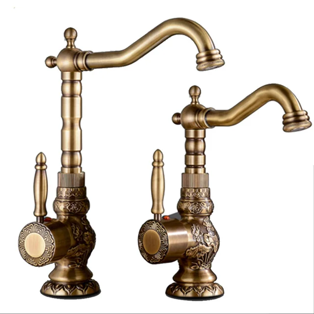 Special Offers Antique Brass Kitchen Faucet European Carved Basin Faucet Rotating Single Handle Hole Hot And Cold Water Tap tj5