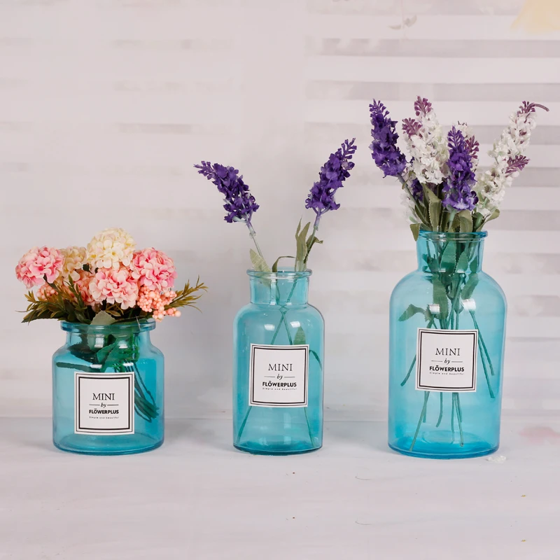 Nordic Glass Vase Transparent English Stickers Hydroponic Plant Vase Dried Flowers Inserted Desktop Ornaments Home Decoration - Цвет: Blue-3pcs