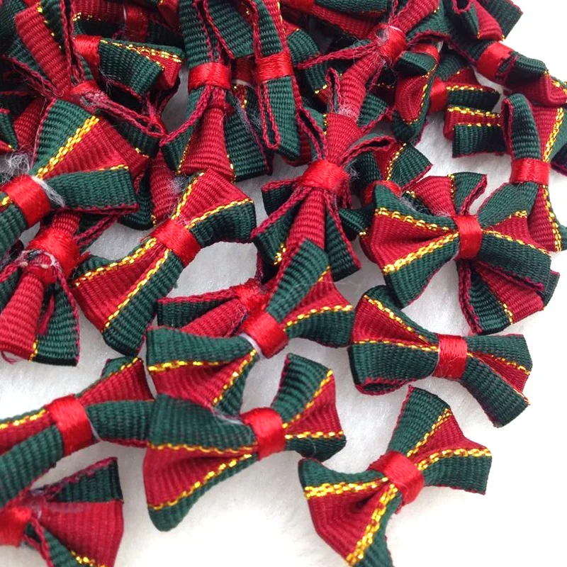 60pcs Grosgrain Ribbon Bows Christmas Decor Red W/ Green Edge Appliques
