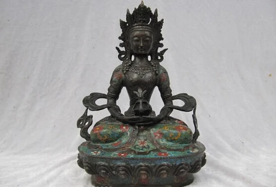 

fast shipping USPS to USA S0121 11"Tibet Fane 100% Pure Bronze handwork made cloisonne Amitayus Buddha Statue