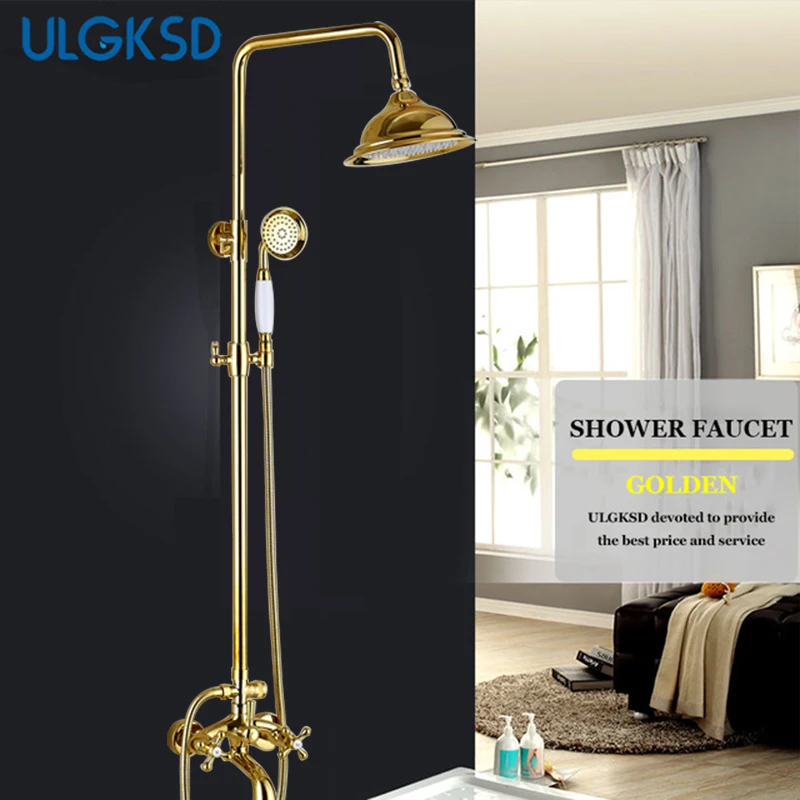

ULGKSD Gold Shower Faucet Stainless Steel Head W/ Brass Hand Shower Cold and Hot Water Mixer Taps