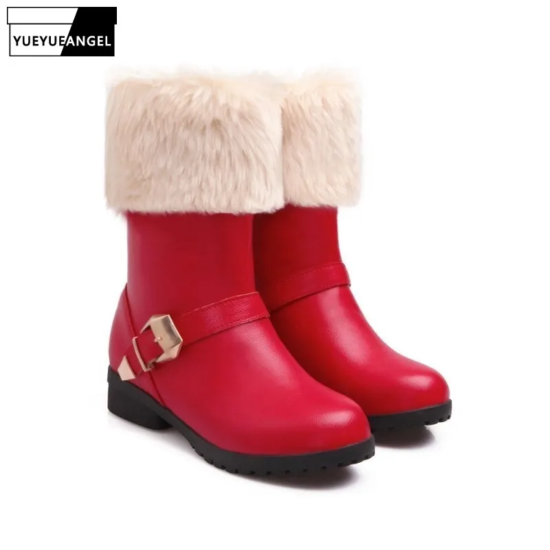 Vintage Fur Trim Womens Winter Snow Boots Comfort Low Heel Fleece Lining Thicken Warm Lady Ankle