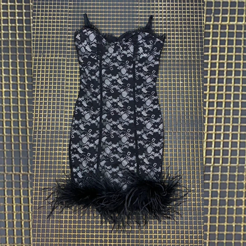 Модные черные спагетти ремень Bodycon Taasel летнее платье клубное мини открытая спина кружево лоскутное элегантные вечерние знаменитостей