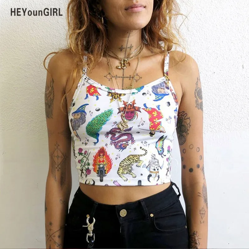 

HEYounGIRL Summer Printed Sleeveless Cami Top Women Fashion Casual Crop Tops Tees Harajuku White Spaghetti Strap Top Streetwear