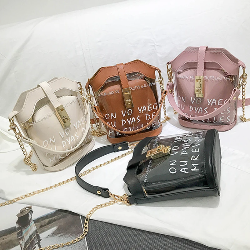 

2019 New Fashion Women Jelly Bag Transparent Handbag Messenger Shoulder Bag Beach PVC Solid Metal Chain Bucket Bags
