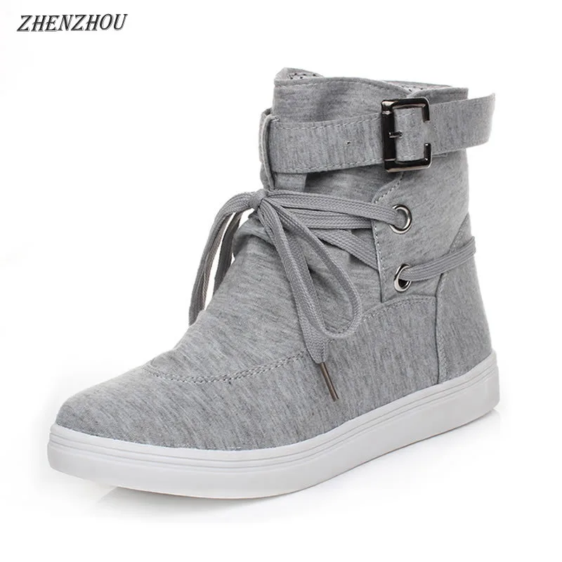 

ZHENZHOU spring and autumn round head high-top belt buckle decoration front lace-up canvas shoes breathable women's shoes
