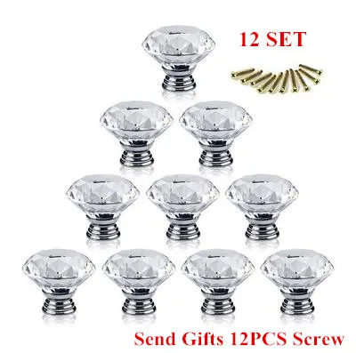 12Pcs Diamond Shape Crystal Glass Handle Pull Cabinet Knob 30mm Drawer Cupboard