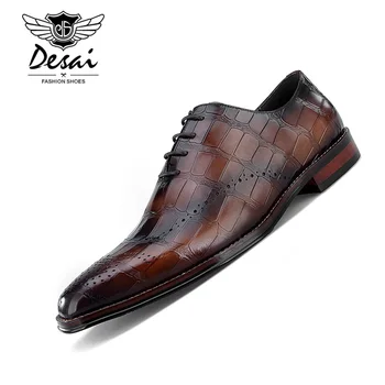 

Desai Square Toe 100%Genuine Calf Leather Embossed Crocodile Bespoke Leather Shoes Men Handmade Men Shoe Oxford Lacing Flats