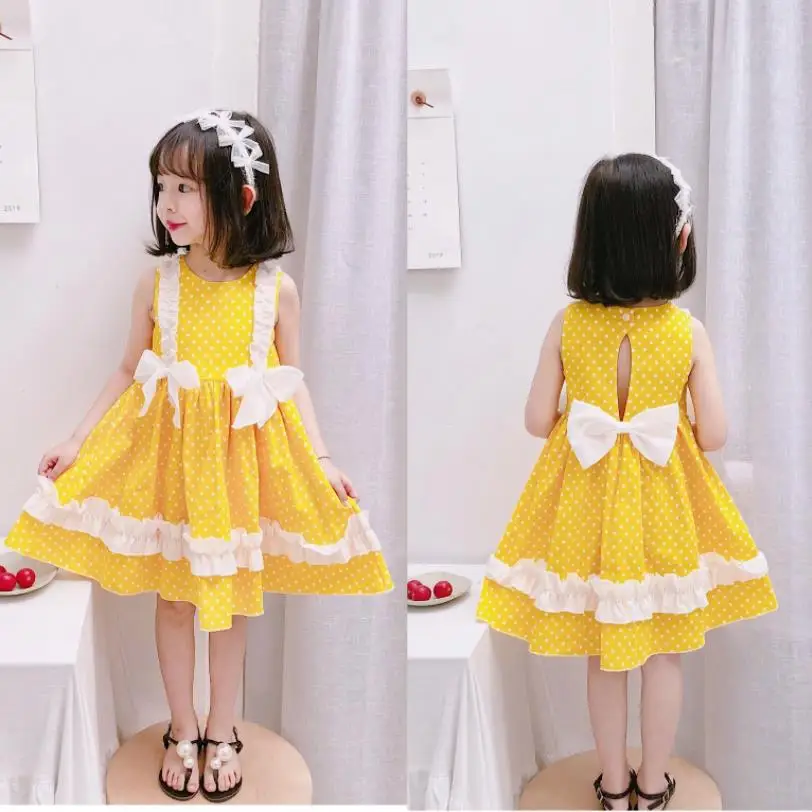 Девочек испанский новое летнее милое платье с принтом для девочек детская одежда с бантом праздничное платье принцессы хлопчатобумажное платье без рукавов ws630