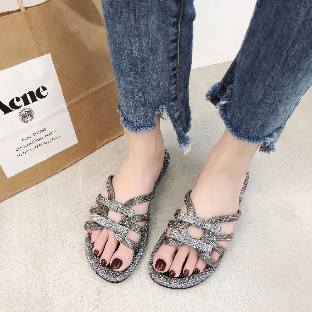 

women shoes 2019 new style flat women slippers open toe Rhinestone dazzing Paillette bling sequin Non Slip Damping shoes