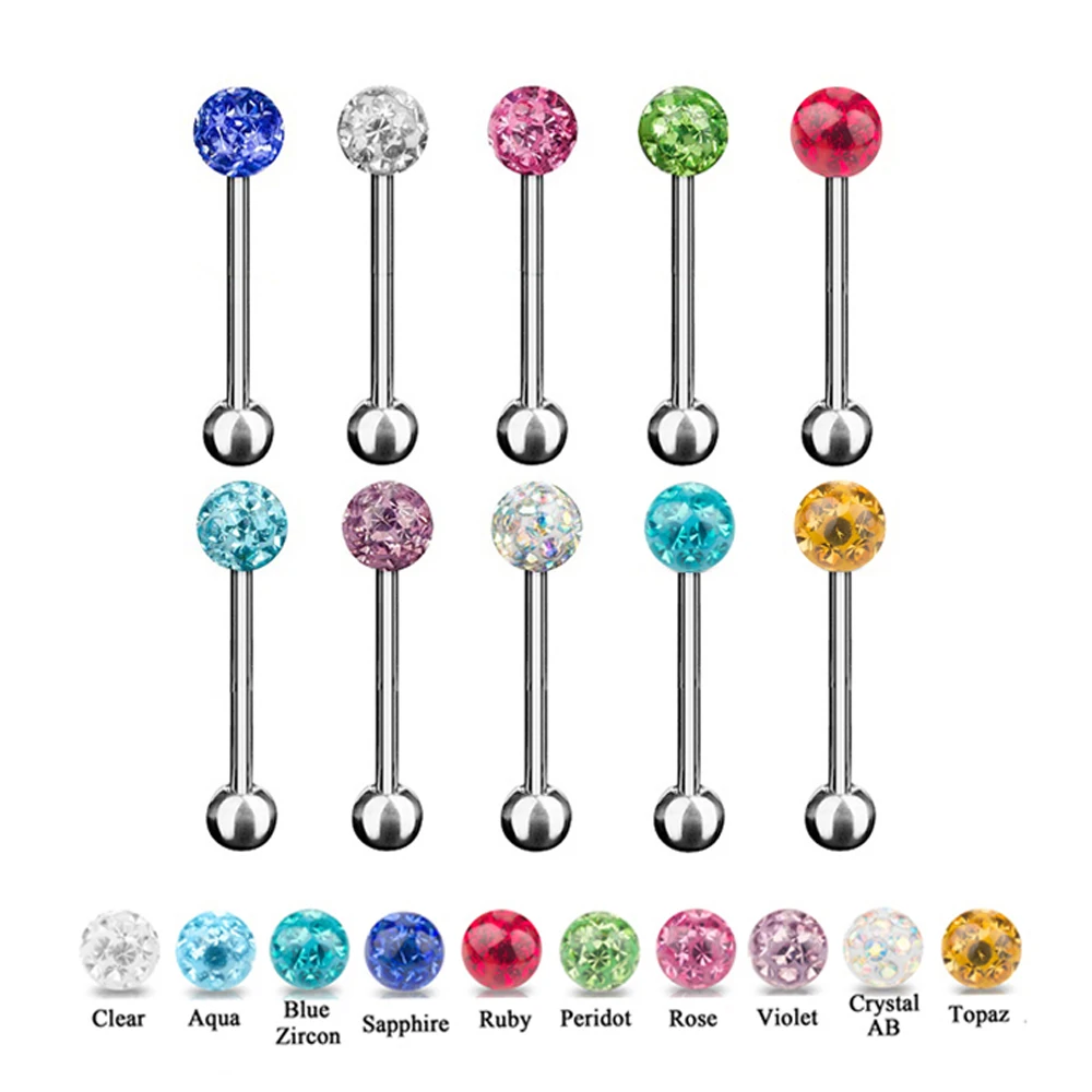 

10piece Single Epoxy Covered Ferido Crystal Ball 316L Stainless Steel Tongue Ring Barbell Body Jewelry Nipple Piercing Ring 14g