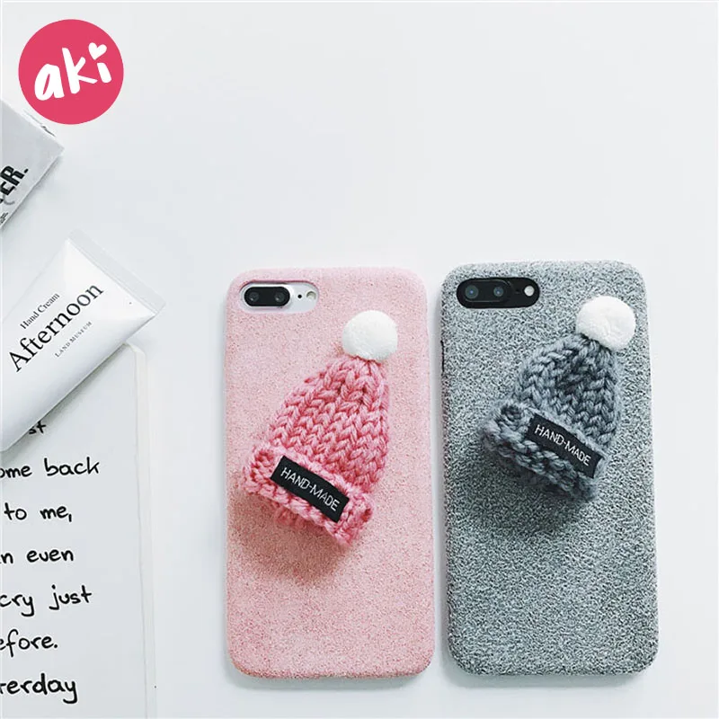 AKI Wool Hat Phone Case for iPhone 7 8 Plus 3D Cute Fur Cover 6 6s X Christmas Warm Winter |