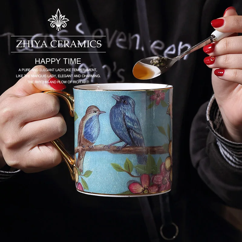 

Creative garden style bone china mug personalized office cup ceramic coffee milk cup birthday gift cup blue bird mug