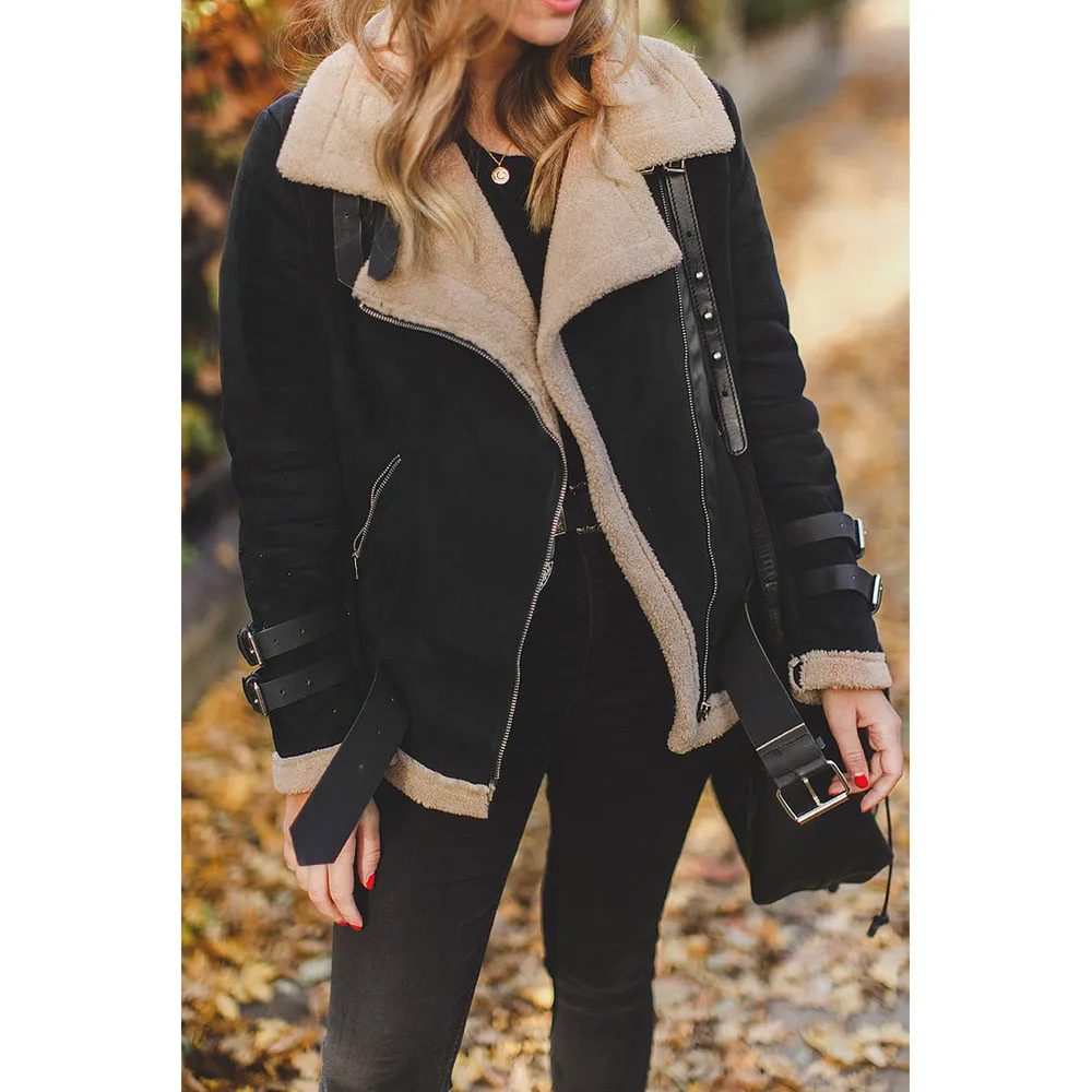 coats and jackets women Winter Faux Fur Fleece Outwear Warm Lapel Biker