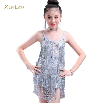 

2018 sequins tassels latin dance dress for girls tango samba cha cha latin dance costume for girls Kids latin competition dress