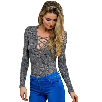 

COCKCON 2020 Korean Charcoal Lace Up Spring Autumn Knitted Blouse Sexy V Neck Gray Sweaters and Pullovers Women Cross Tops