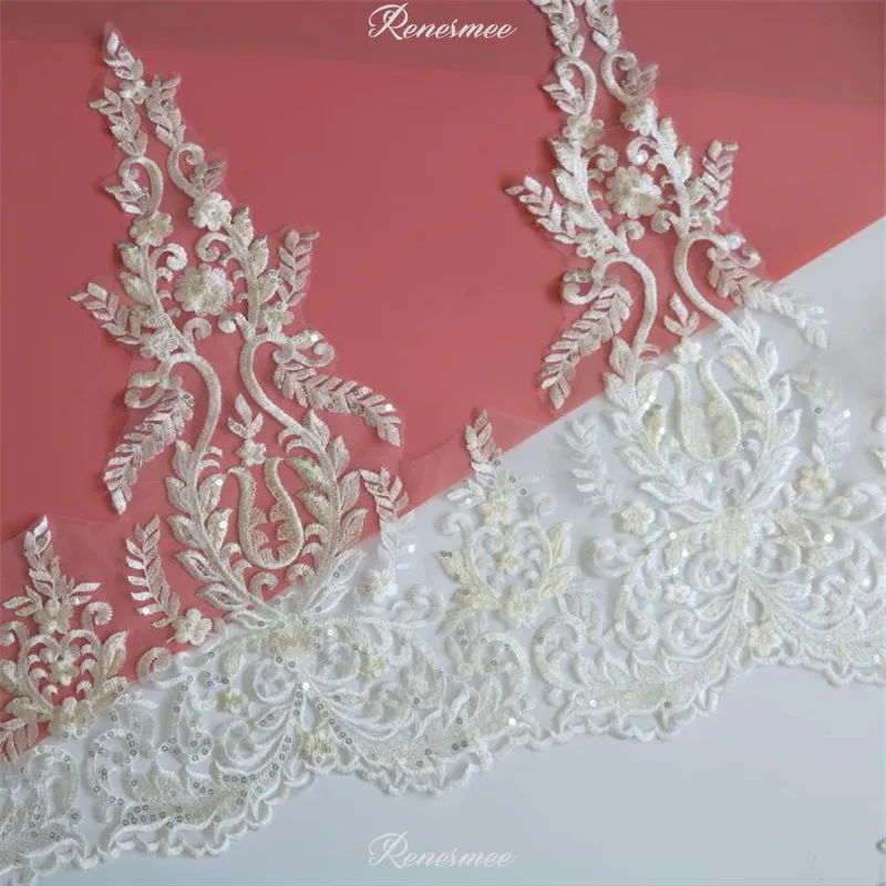 

3Yards Ivory mix Champagne Sequins Wide Polyester Embroidery Lace Trim for Bridal Wedding Gown Tail Costume Design 52cm SX307