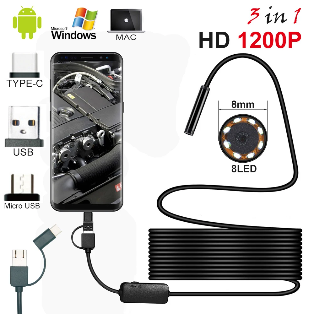 Камера Эндоскоп 1200P полужесткая камера бороскоп с разъемом Micro/USB Android объектив 8