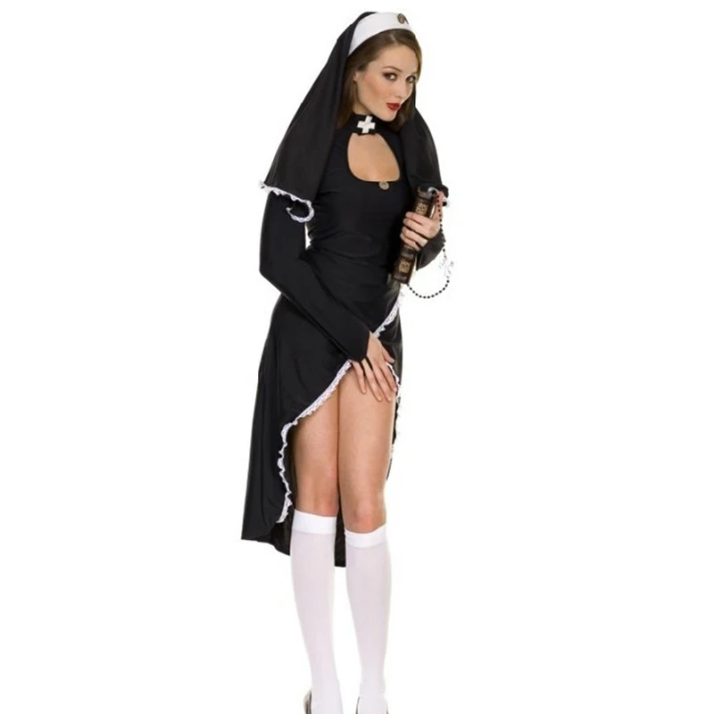 Взрослый женский Фэнтези Девы костюм Мэри черный сексуальный католический монах косплей платье костюмы на Хэллоуин монашка костюм Арабская одежда