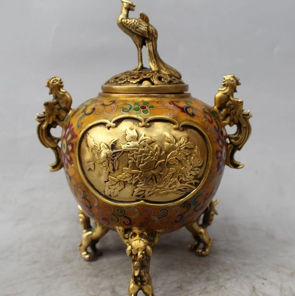 

9"China Cloisonne Enamel Bronze Gilt Dragon Beast Phoenix Incense Burner Censer